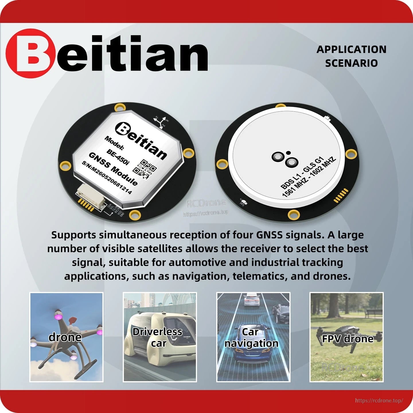 Application scenario graphic showing the module used for drone, car navigation, and FPV drone setups
