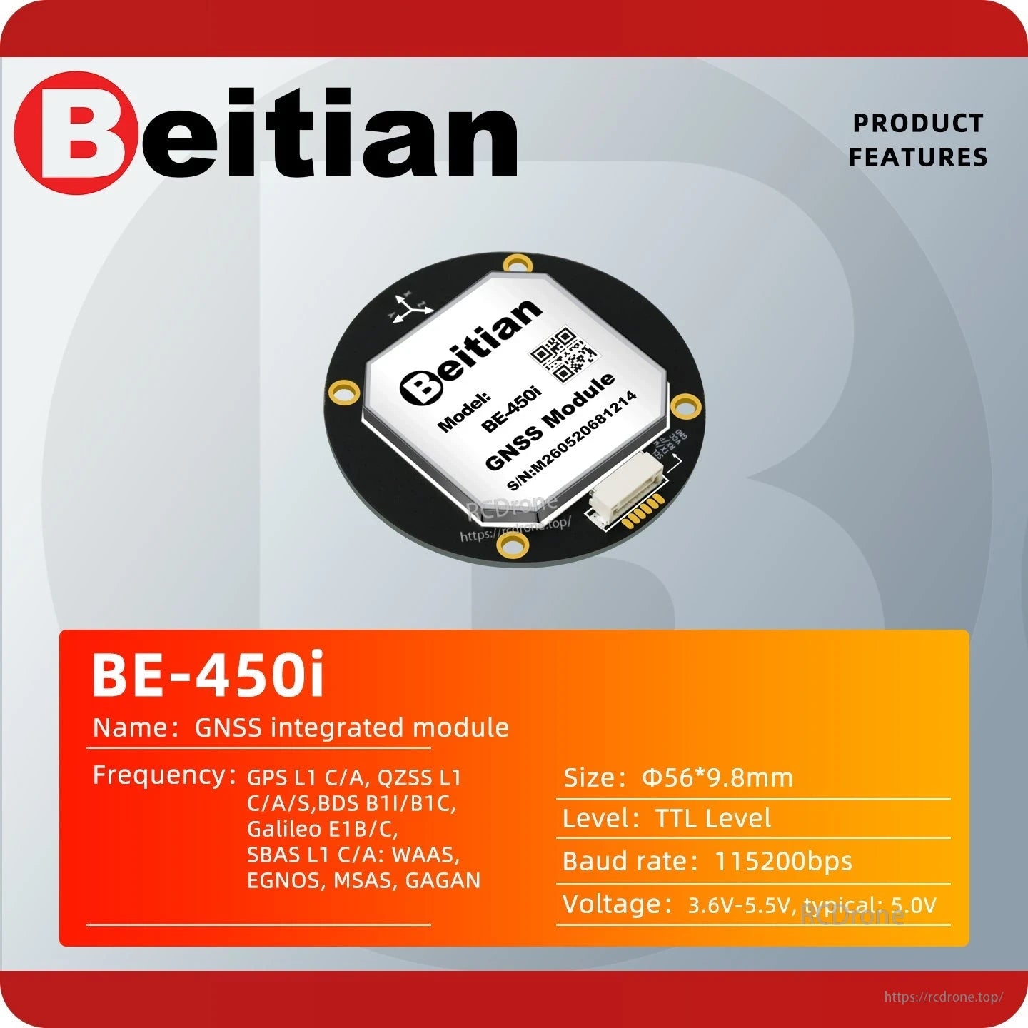 Beitian BE-450i product features graphic with module image and key size, voltage, and baud rate details