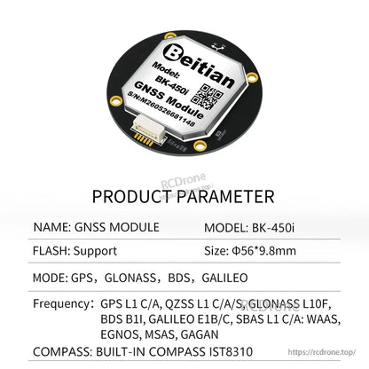 BK-450i GNSS module parameter sheet showing GPS, GLONASS, BDS, and Galileo support with IST8310 compass