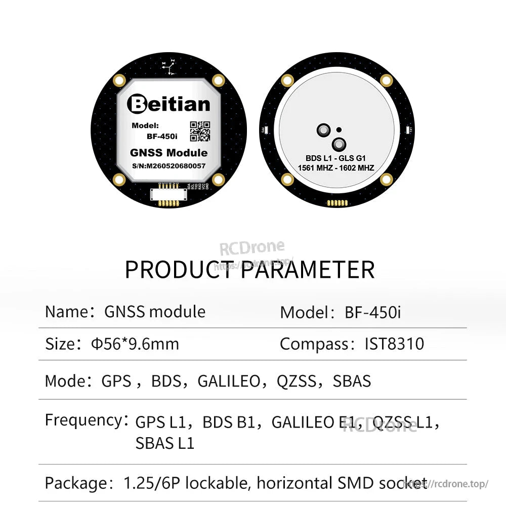 BF-450i GNSS module front and back views with parameter sheet and lockable 1.25/6P socket