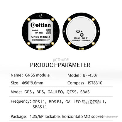 BF-450i GNSS module front and back views with parameter sheet and lockable 1.25/6P socket