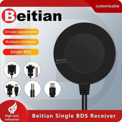Beitian circular receiver promo graphic showing multi-interface connector icons and puck design