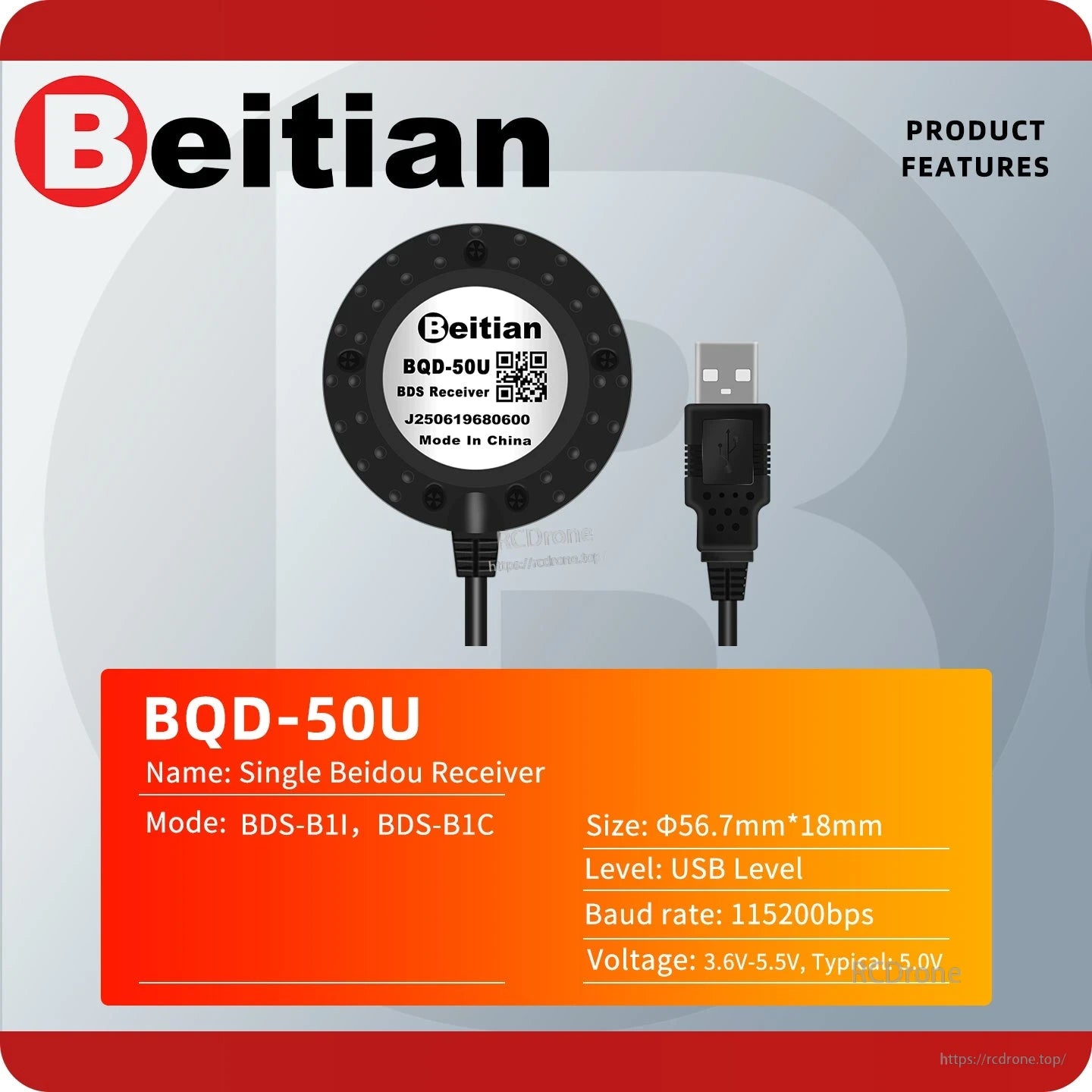 Beitian BQD-50U single BDS receiver feature sheet with USB plug and key specifications panel