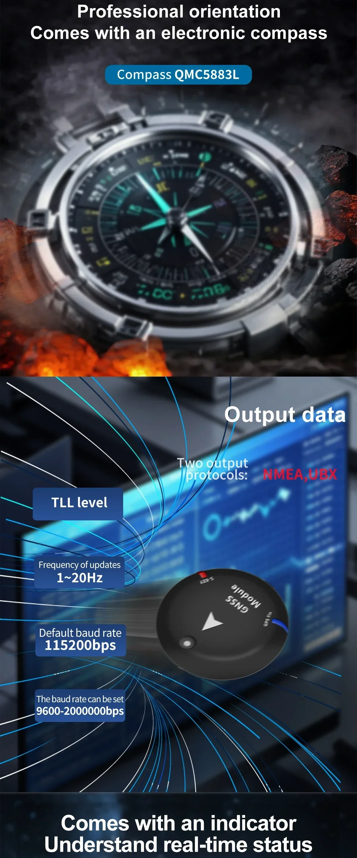 Electronic compass QMC5883L and GNSS output details: TTL level, NMEA/UBX, update rate, baud options