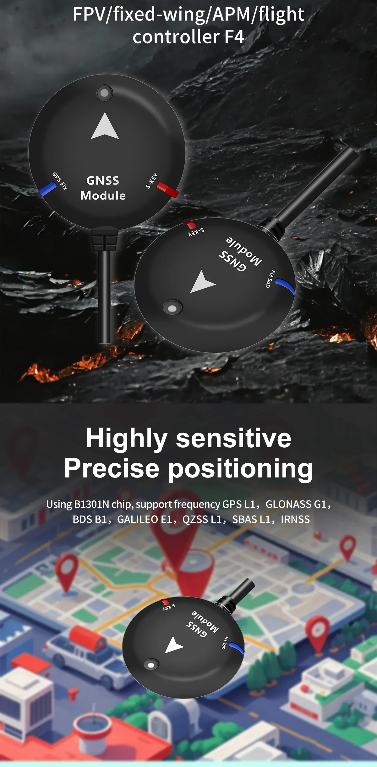 Beitian BE-525 GNSS GPS module top view with cable, designed for Pixhawk flight controllers
