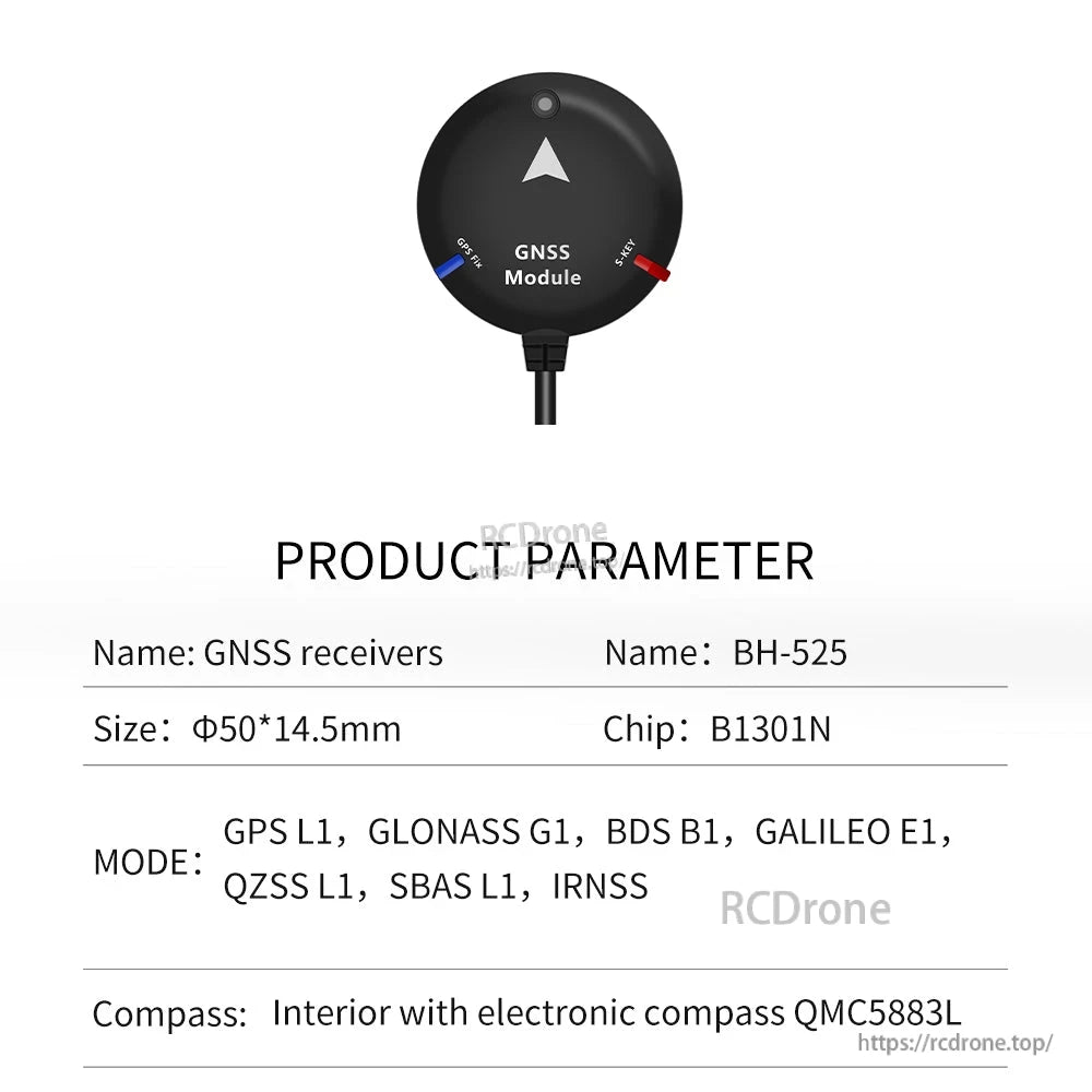 BH-525 product parameter table showing size, chip B1301N and supported GNSS modes