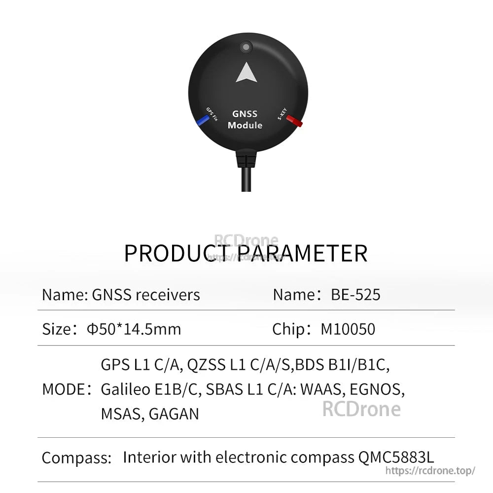 Beitian BE-525 product parameter table showing size, chip M10050 and supported GNSS modes
