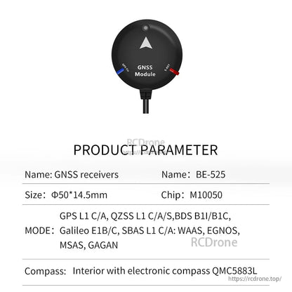 Beitian BE-525 product parameter table showing size, chip M10050 and supported GNSS modes
