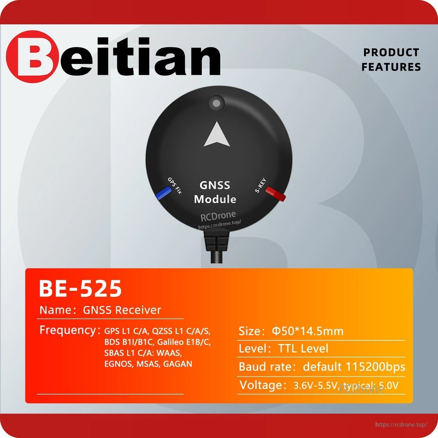Beitian BE-525 product features card with frequency, size, TTL level, baud rate and voltage specifications