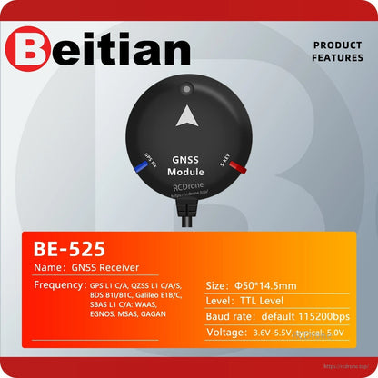 Beitian BE-525 product features card with frequency, size, TTL level, baud rate and voltage specifications