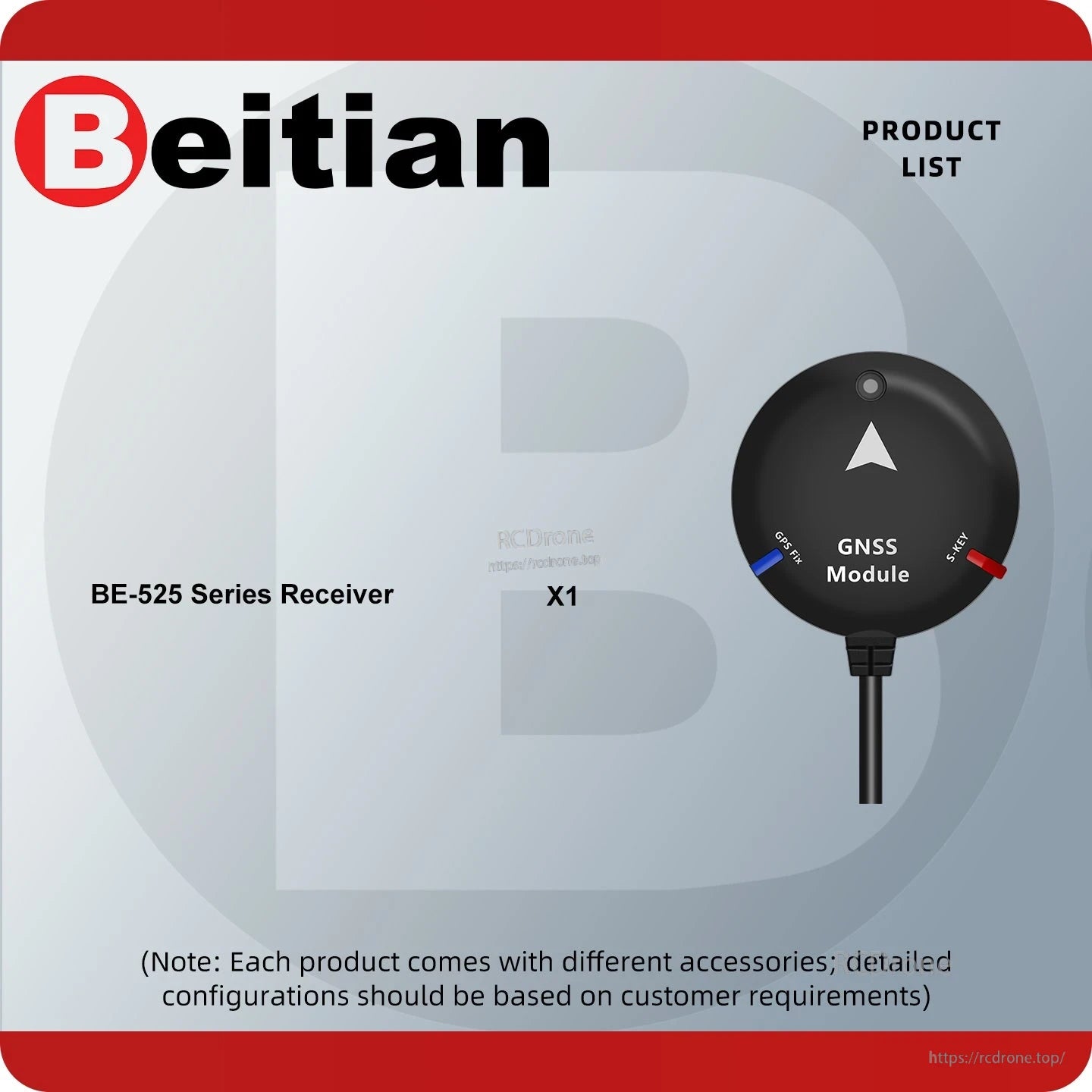 Beitian BE-525 series receiver product list graphic showing one GNSS module (X1)