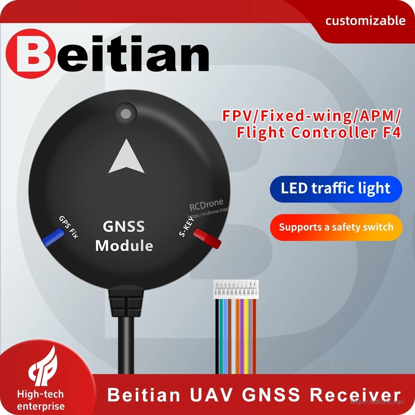 Beitian BE-525 UAV GNSS receiver promo graphic showing GNSS module, LED traffic light and safety switch support