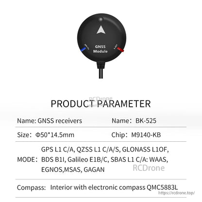 BK-525 product parameter table showing size, chip M9140-KB and supported GNSS modes