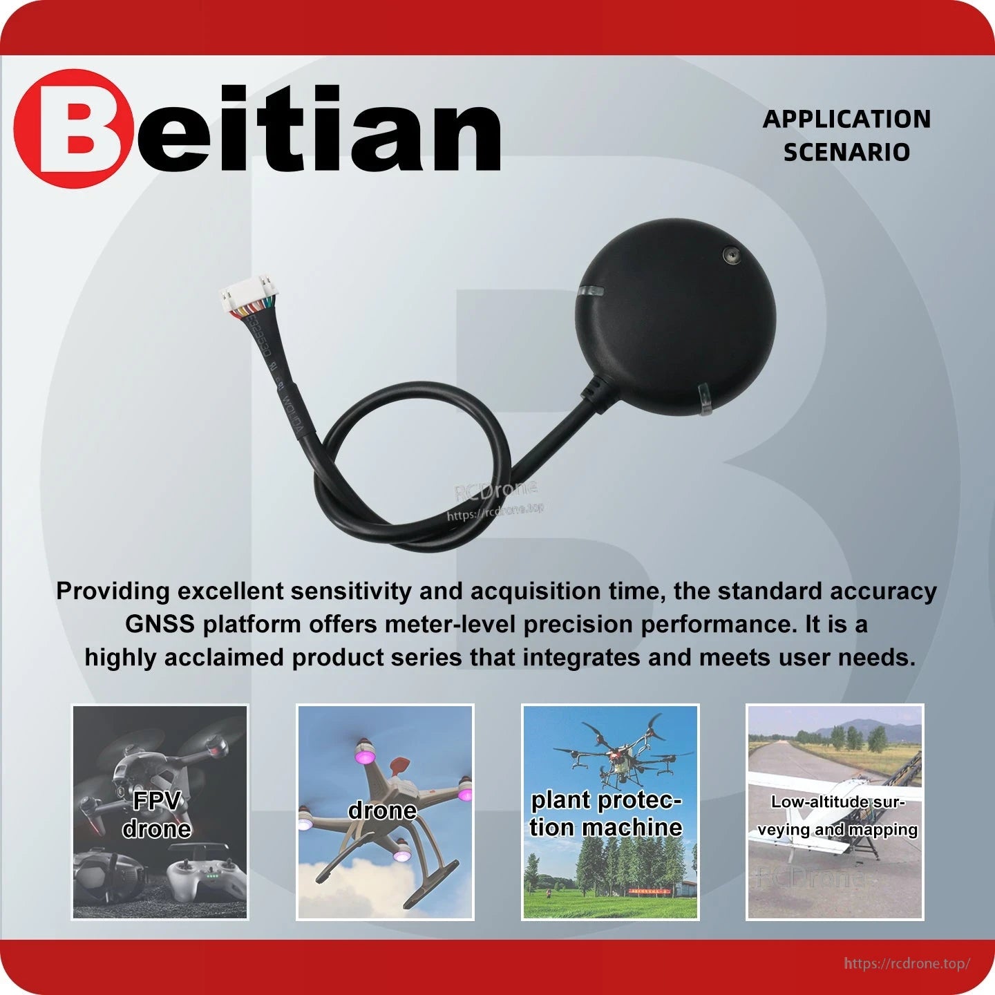 Beitian GNSS receiver application scenario graphic showing module with cable and use cases like drones and mapping