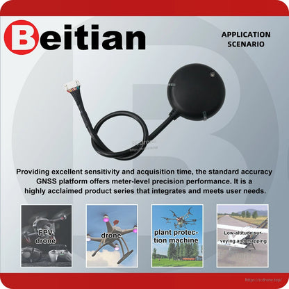 Beitian GNSS receiver application scenario graphic showing module with cable and use cases like drones and mapping