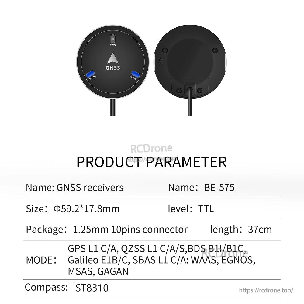 Product parameter table for BE-575 GNSS receiver, TTL level, 1.25mm 10-pin connector, 37cm cable