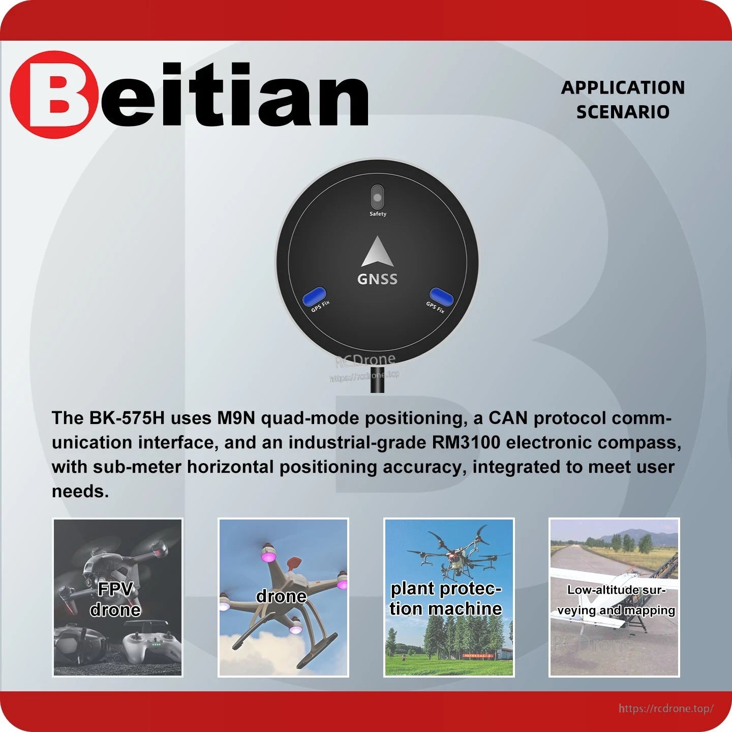 BK-575H application scenario graphic for FPV drone, plant protection machine, and surveying/mapping