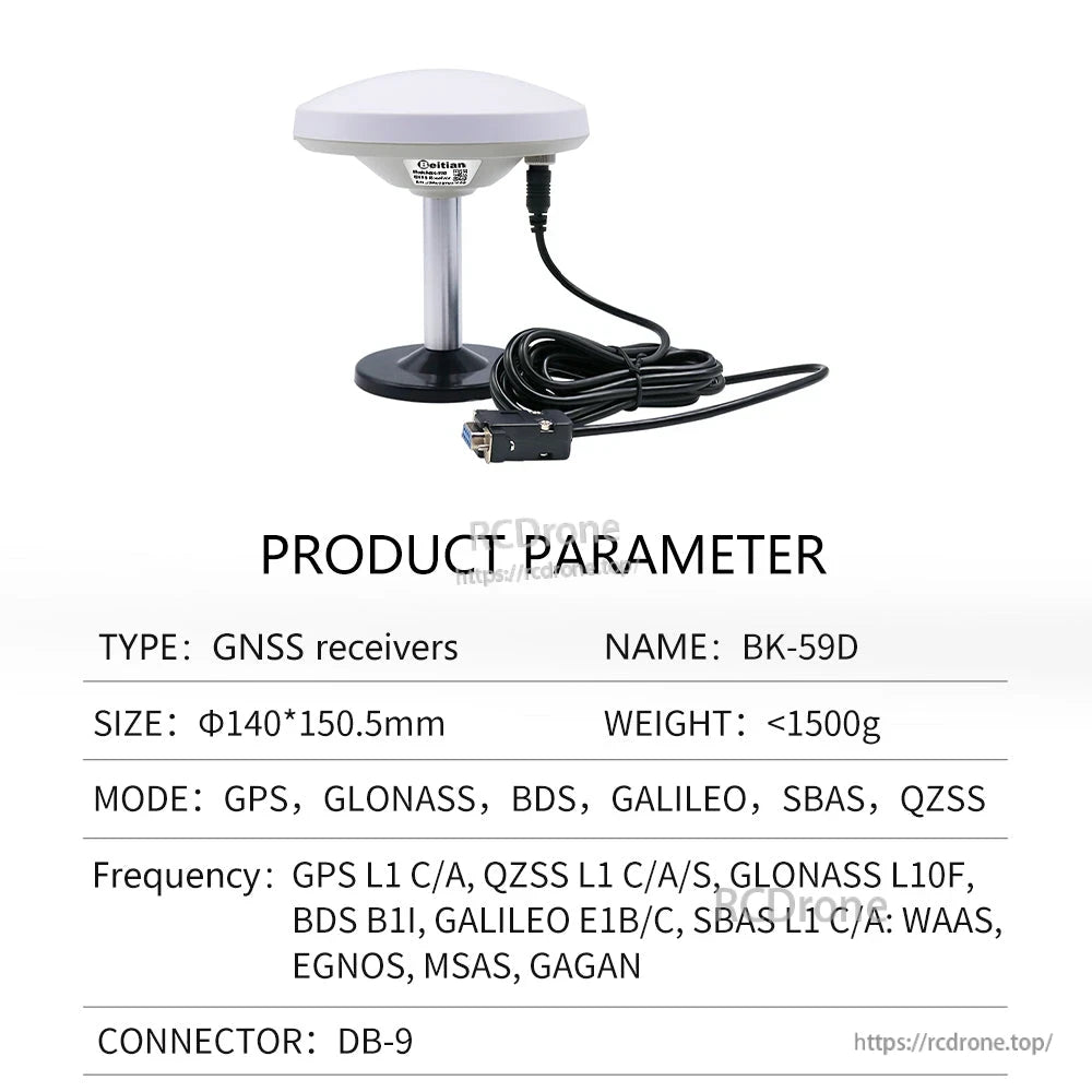 Product parameter table labeled BK-59D showing GNSS receiver modes with GLONASS and DB-9 connector
