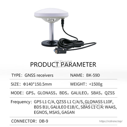 Product parameter table labeled BK-59D showing GNSS receiver modes with GLONASS and DB-9 connector