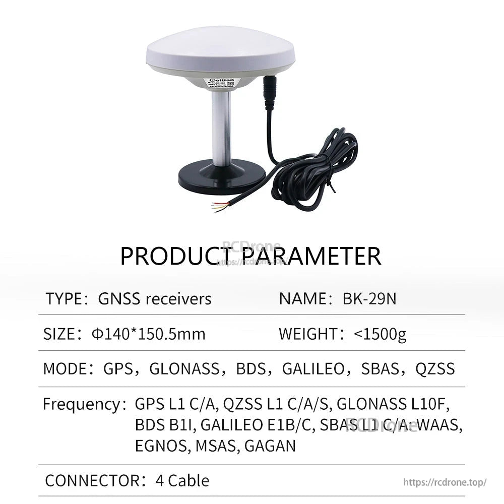 Product parameter table labeled BK-29N showing 4-wire cable output and modes including GLONASS