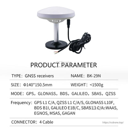 Product parameter table labeled BK-29N showing 4-wire cable output and modes including GLONASS