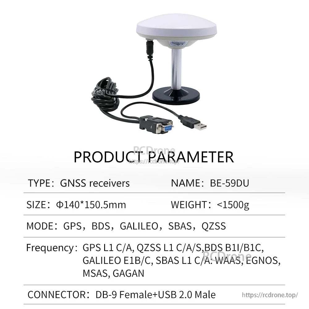 Product parameter table labeled BE-59DU showing DB-9 female to USB 2.0 male cable