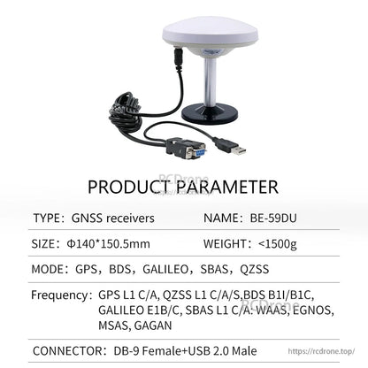 Product parameter table labeled BE-59DU showing DB-9 female to USB 2.0 male cable