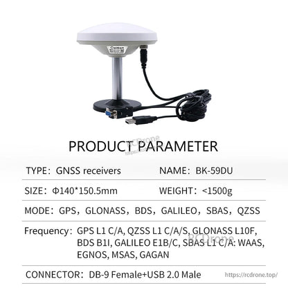 Product parameter table labeled BK-59DU showing DB-9 female to USB 2.0 male cable connection