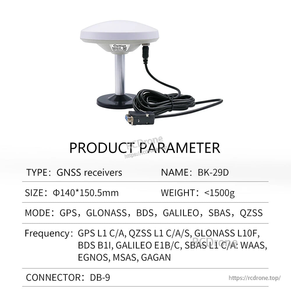 Product parameter table labeled BK-29D showing GNSS receiver modes including GLONASS and DB-9 connector