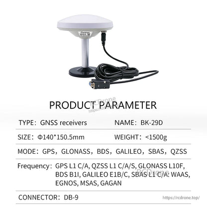 Product parameter table labeled BK-29D showing GNSS receiver modes including GLONASS and DB-9 connector