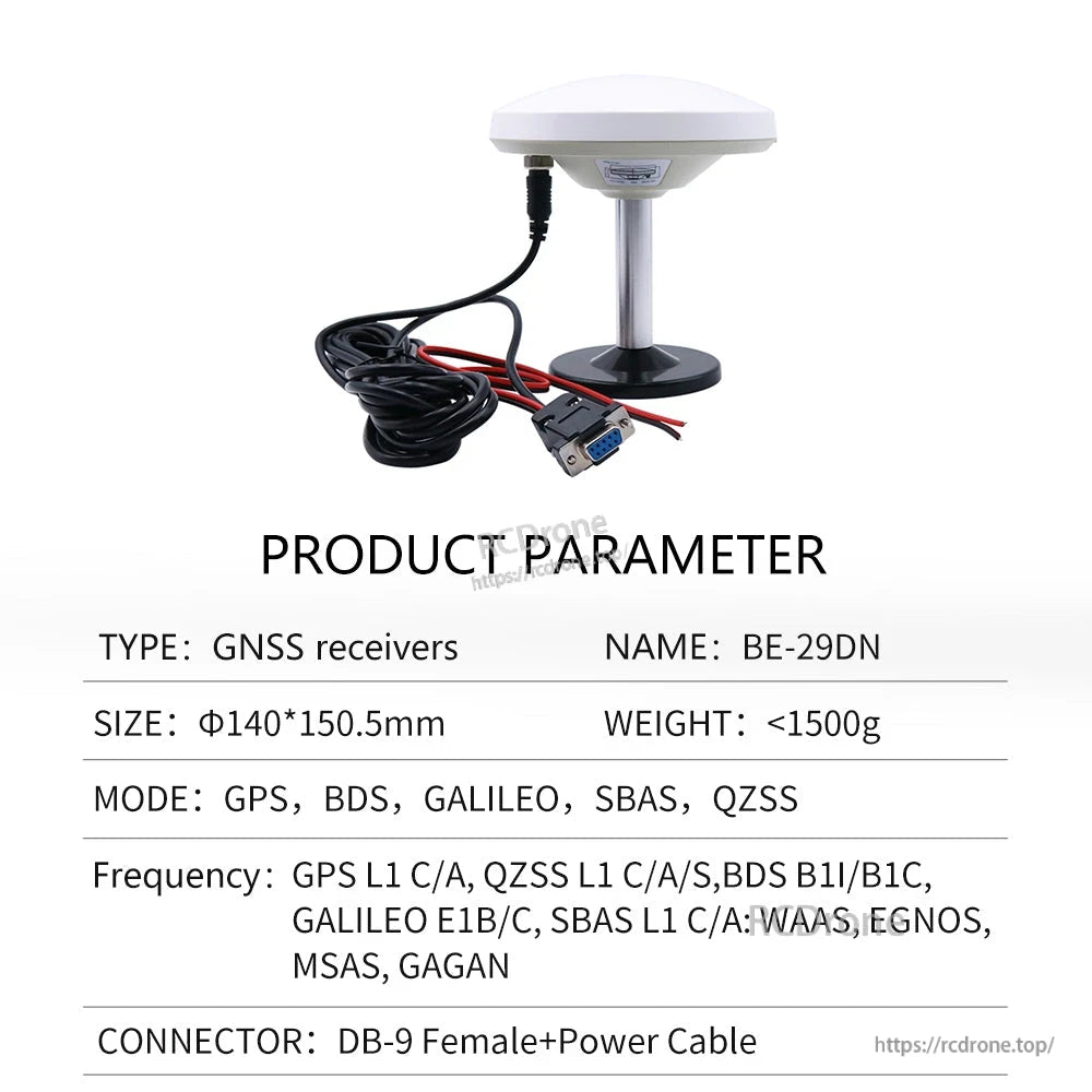 Product parameter table labeled BE-29DN showing DB-9 female connector with separate red/black power cable