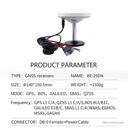 Product parameter table labeled BE-29DN showing DB-9 female connector with separate red/black power cable
