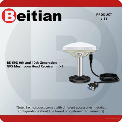 Product list graphic showing BE-59D mushroom head receiver quantity x1 with DB9 cable shown