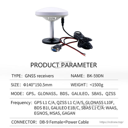Product parameter table labeled BK-59DN showing DB-9 female connector with red/black power leads