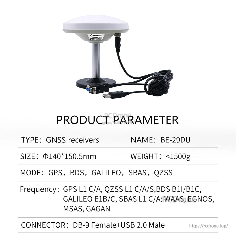 Product parameter table labeled BE-29DU showing DB-9 female to USB 2.0 male cable connection