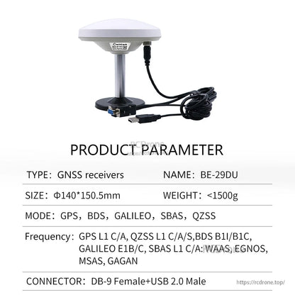 Product parameter table labeled BE-29DU showing DB-9 female to USB 2.0 male cable connection