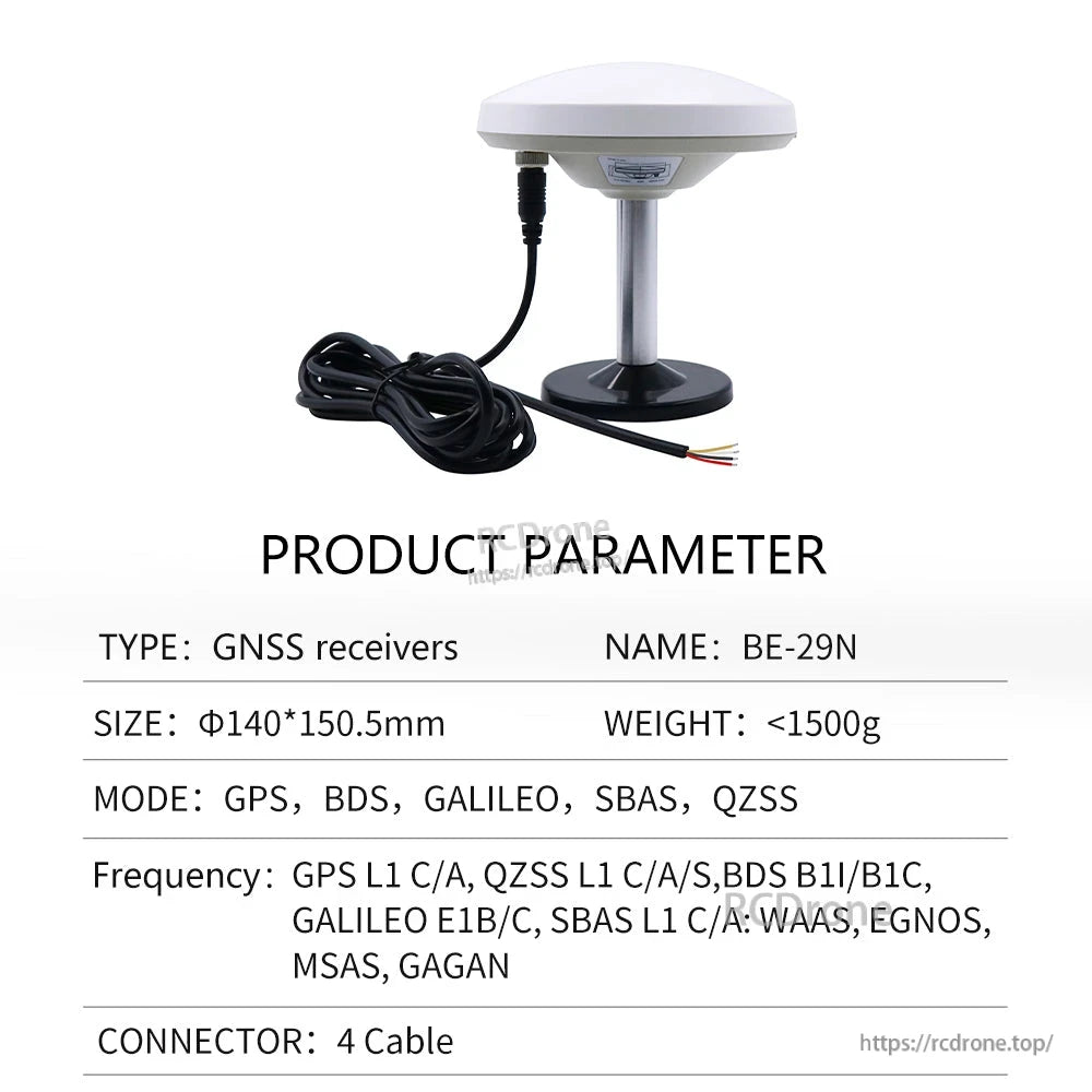 Product parameter table labeled BE-29N showing 4-wire cable output and GNSS receiver modes