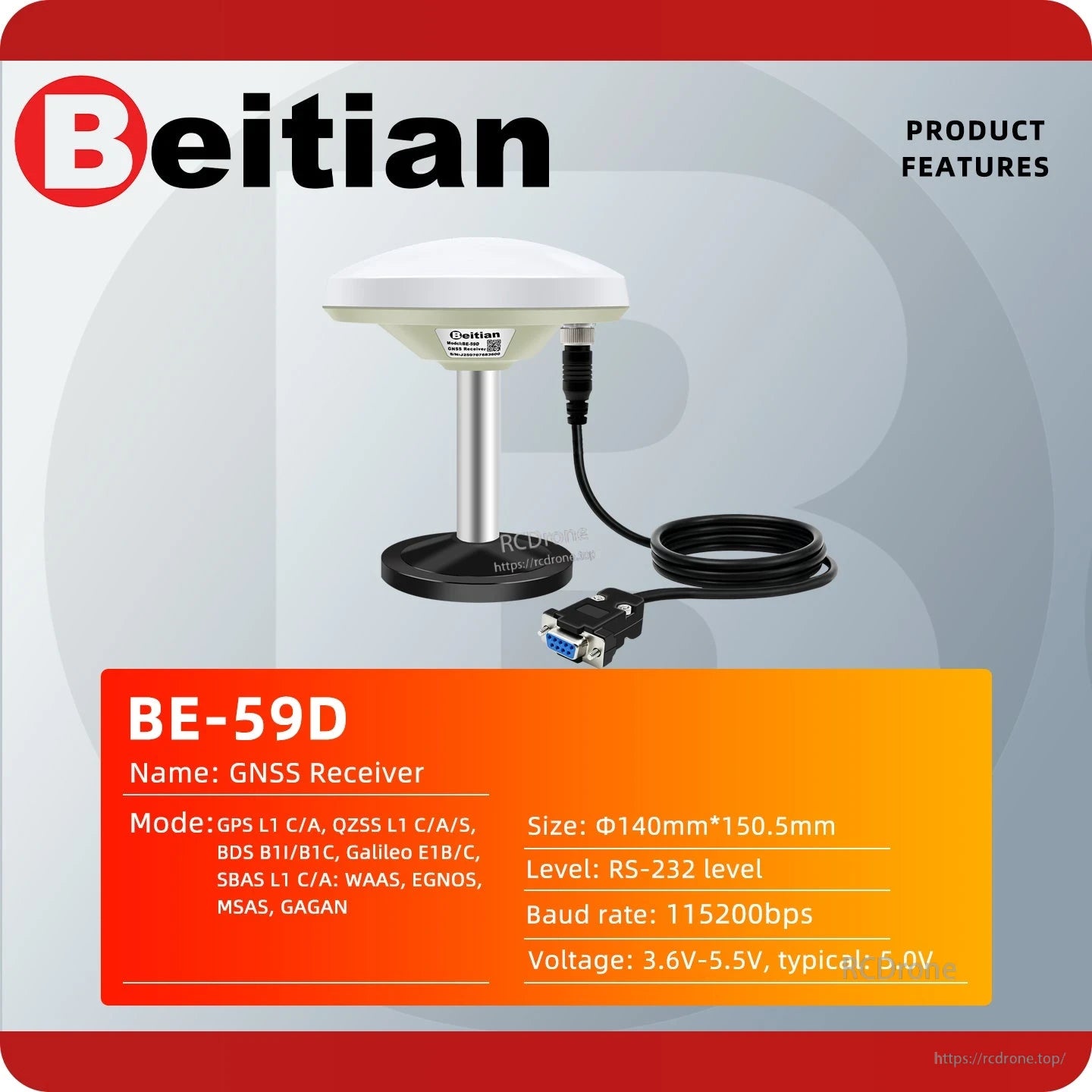 Beitian BE-59D M10050 GNSS positioning antenna product features graphic with model BE-59D details