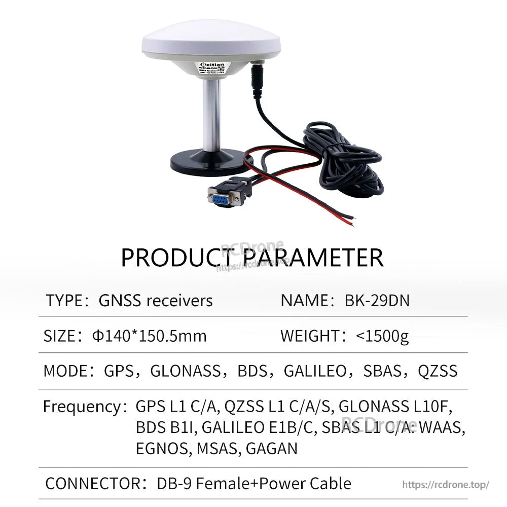 Product parameter table labeled BK-29DN showing DB-9 female connector and red/black power cable