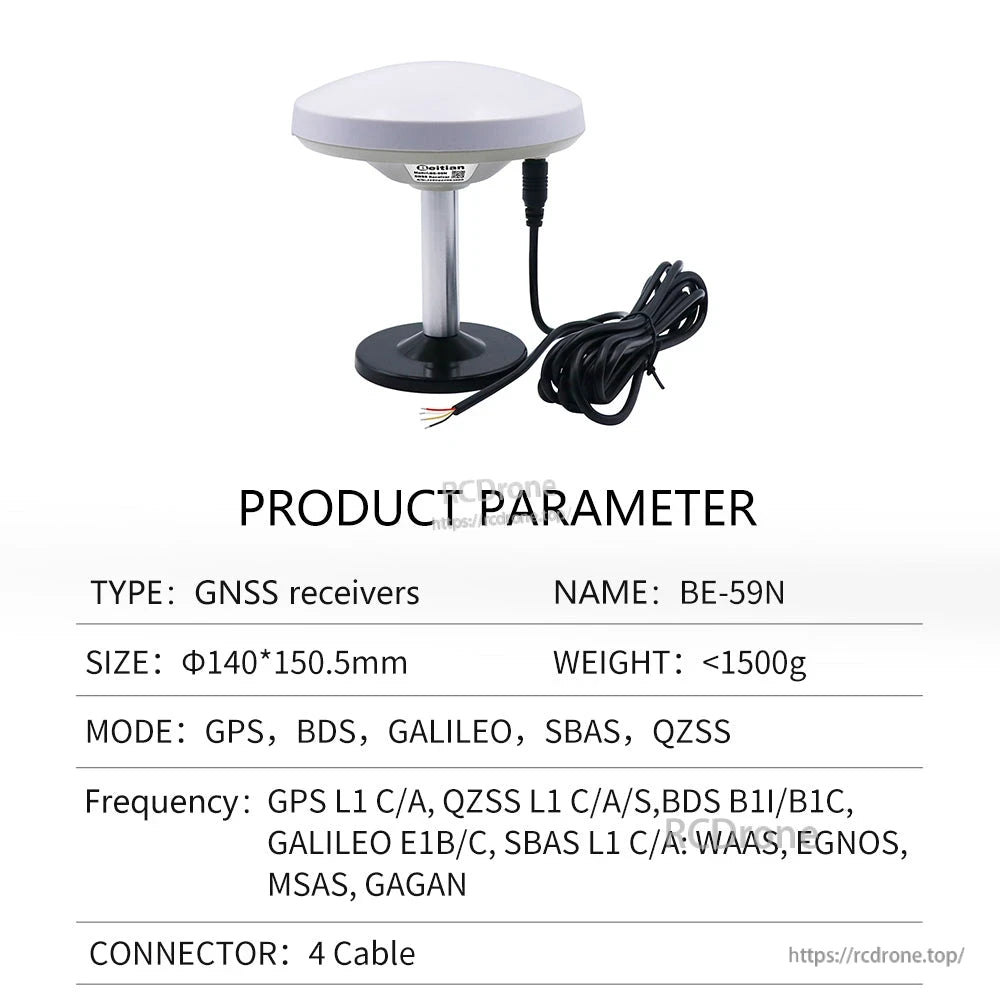 Product parameter table labeled BE-59N showing 4-wire cable output and GNSS receiver modes
