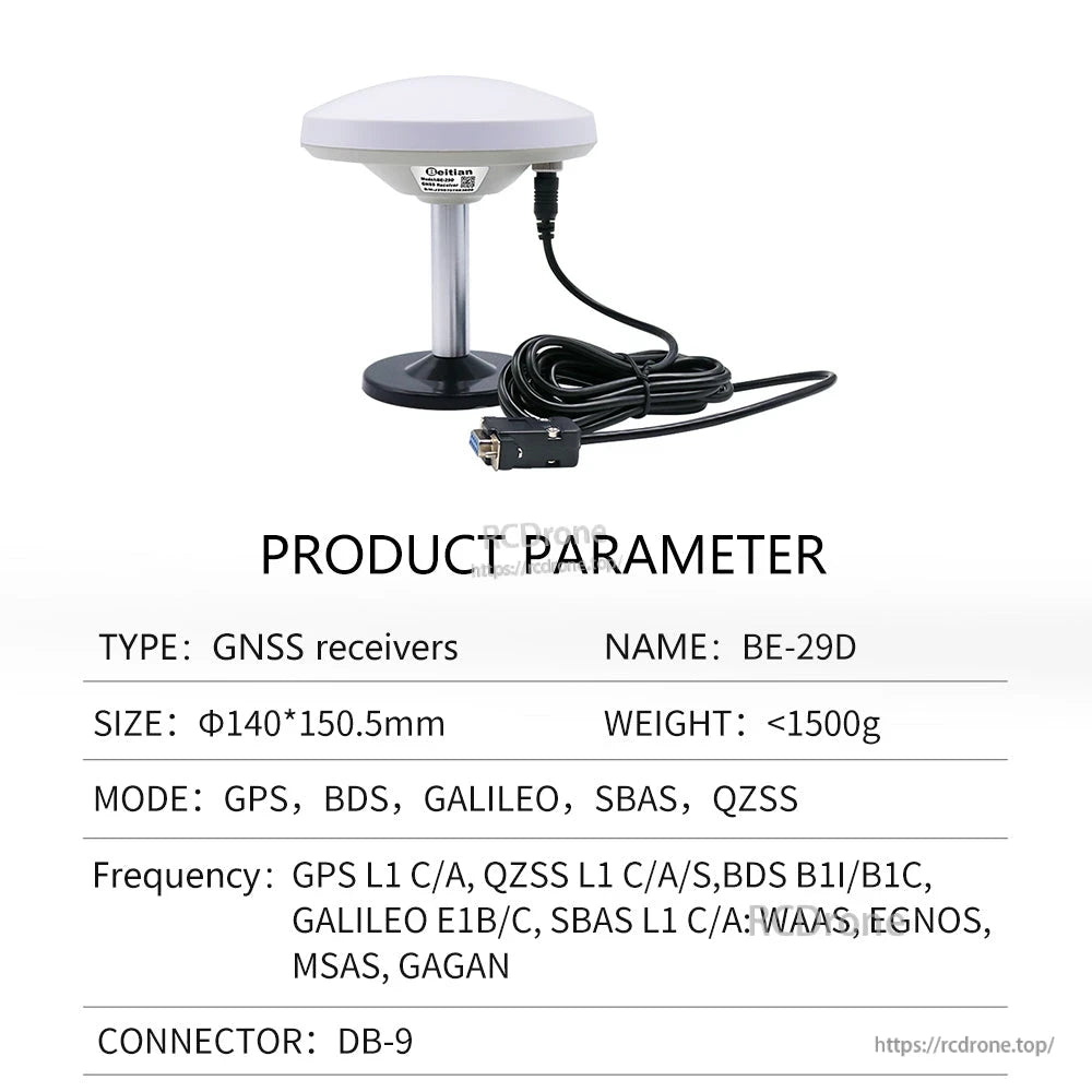 Product parameter table for GNSS receiver labeled BE-29D, showing size, modes and DB-9 connector