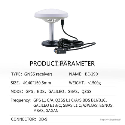 Product parameter table for GNSS receiver labeled BE-29D, showing size, modes and DB-9 connector