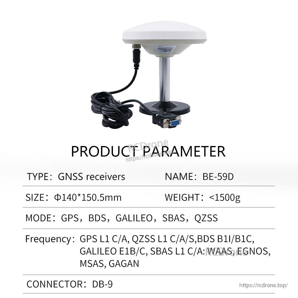 Product parameter table for BE-59D GNSS receiver showing DB-9 connector and supported GNSS modes