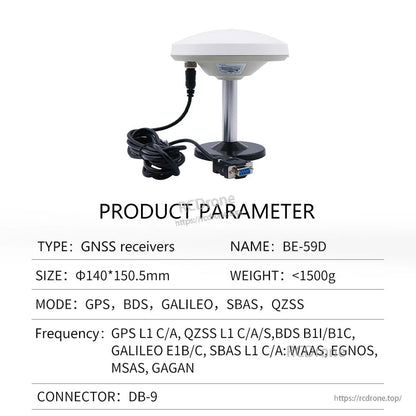 Product parameter table for BE-59D GNSS receiver showing DB-9 connector and supported GNSS modes