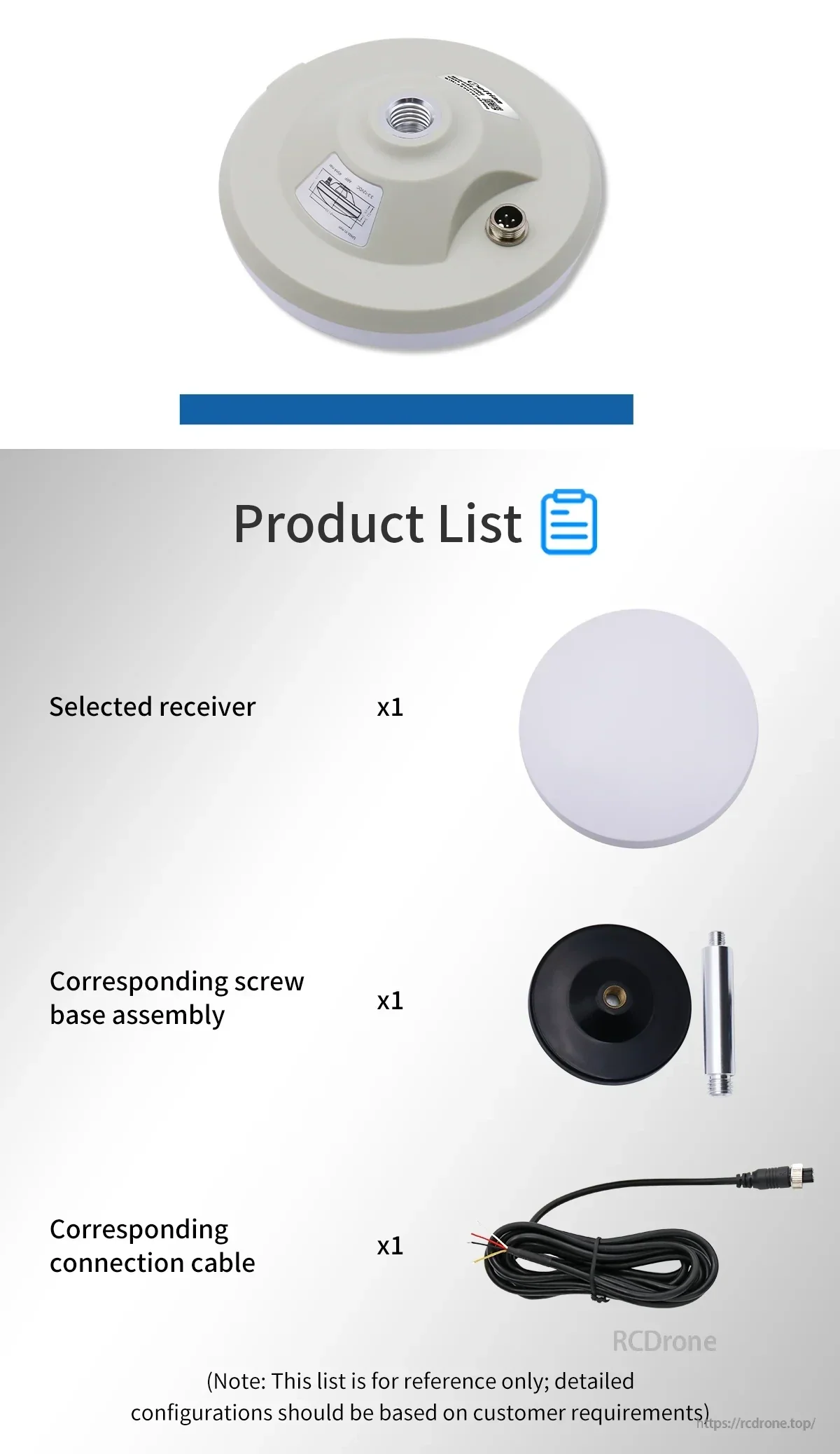 Package contents list showing selected receiver, screw base assembly, and connection cable