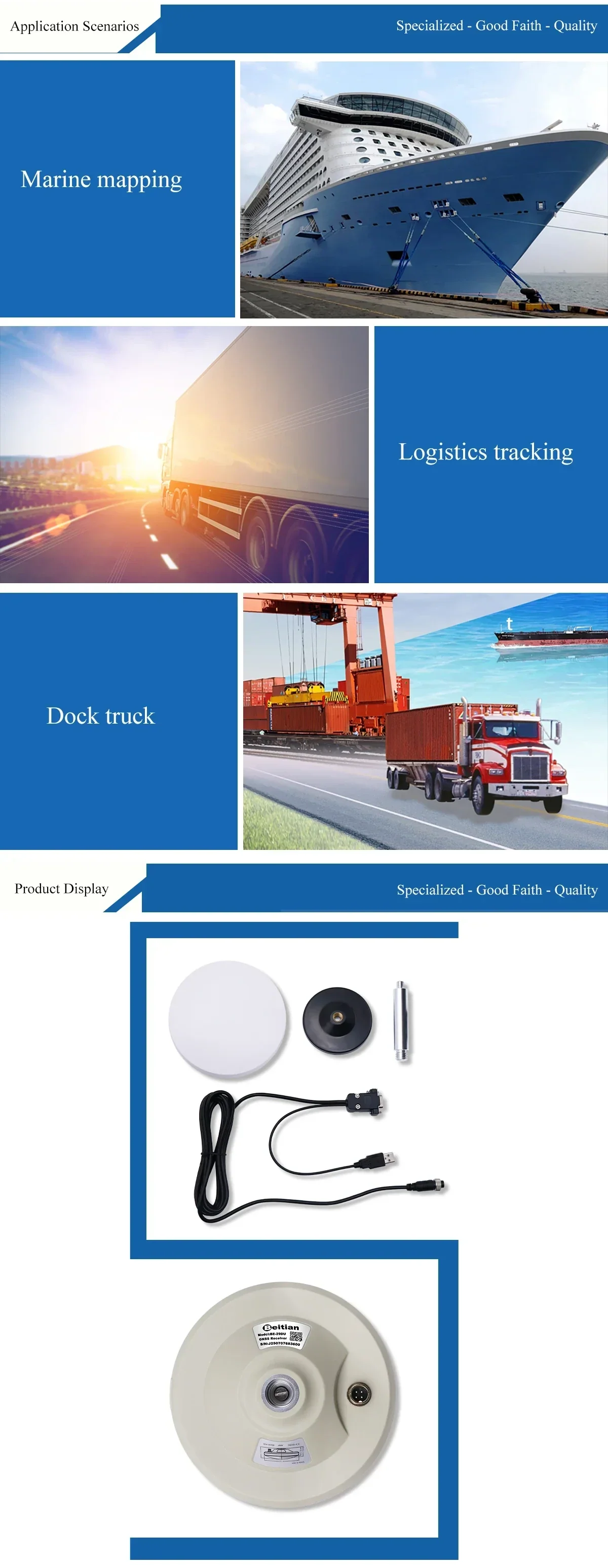 Application scenarios collage for GNSS antenna: marine mapping, logistics tracking, and dock truck operations