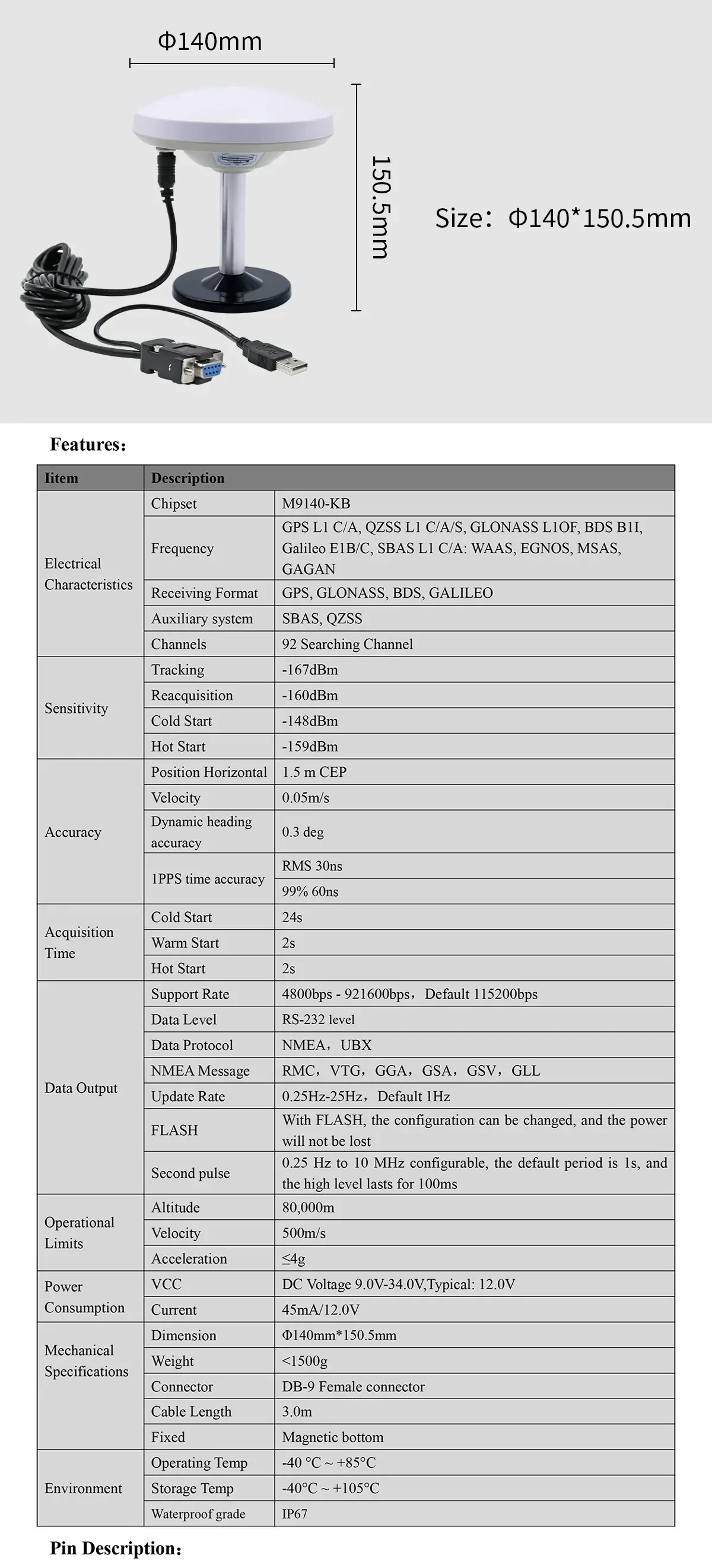 Beitian BE-59D M10050 GNSS positioning antenna dimensions (Φ140 × 150.5 mm) and key specifications table