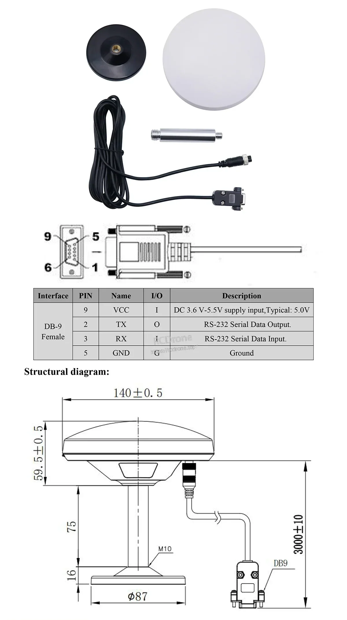 DB9 female RS-232 pinout and structural dimension drawing with M10 thread and 3 m cable length