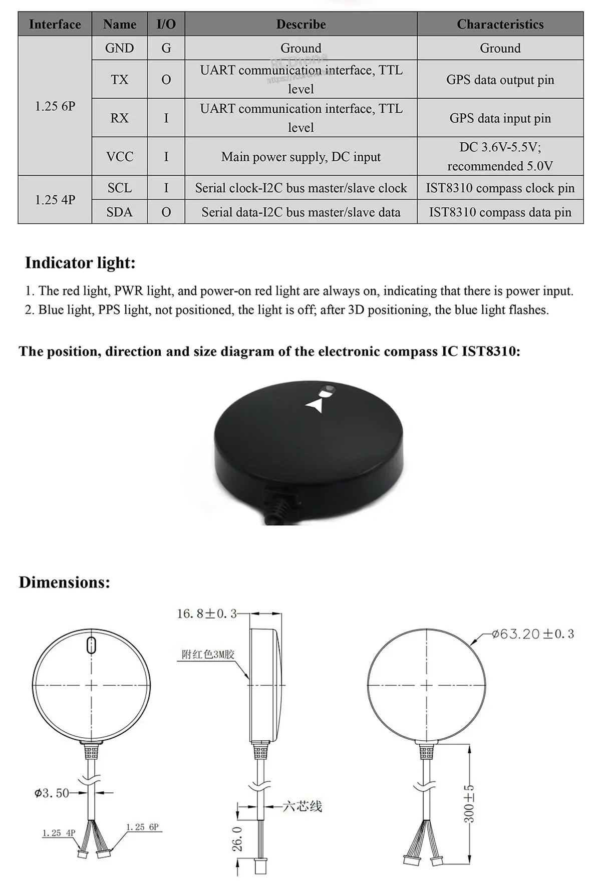 BE-610i pinout table with UART and I2C compass pins, plus compass orientation and mechanical dimensions