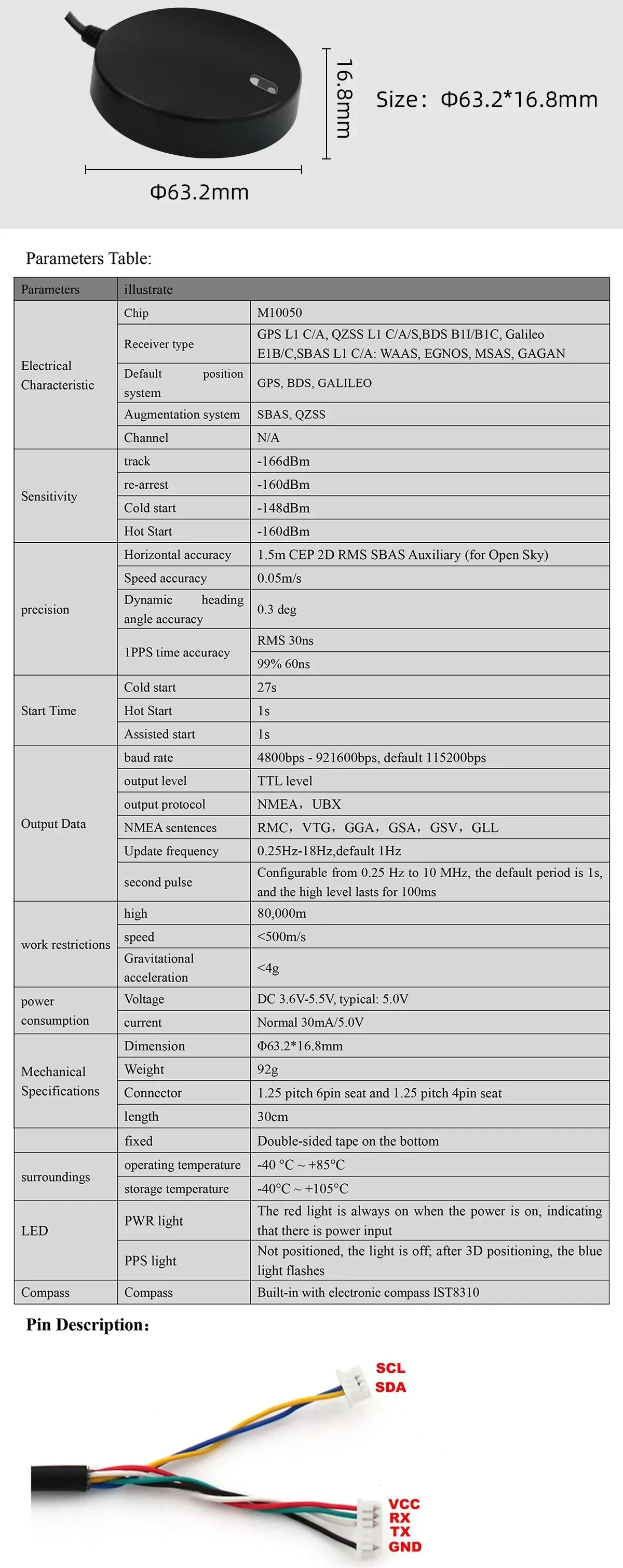 BE-610i M10050 GNSS receiver module specs with dimensions and color-coded wiring lead labels